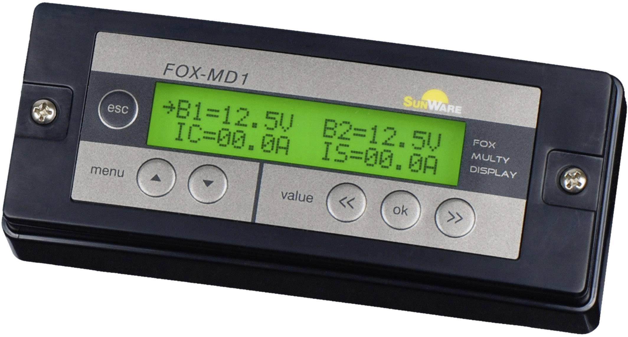 Displej digitálneho zariadenia so zeleným podsvietením, zobrazujúci napätia 'B1=12,5V', 'B2=12,5V' a prúdy 'I0=0,0A', 'I5=0,0A'.