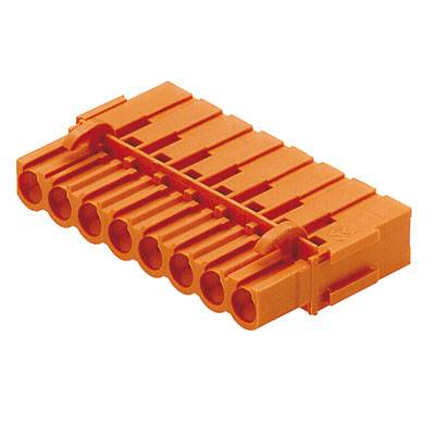 Oranžový elektrický konektor s ôsmimi zásuvkami, určený na použitie v elektronických zariadeniach na pripojenie káblov.