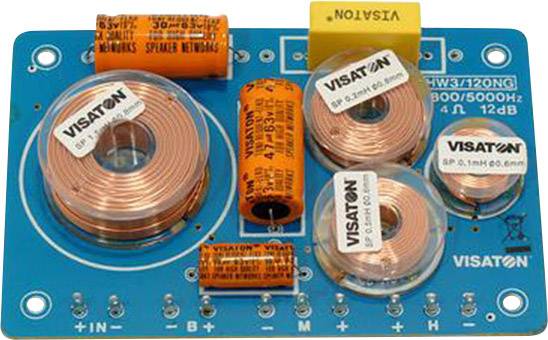 Elektronická výhybka od Visatonu s rôznymi cievkami a kondenzátormi na modrej doske.