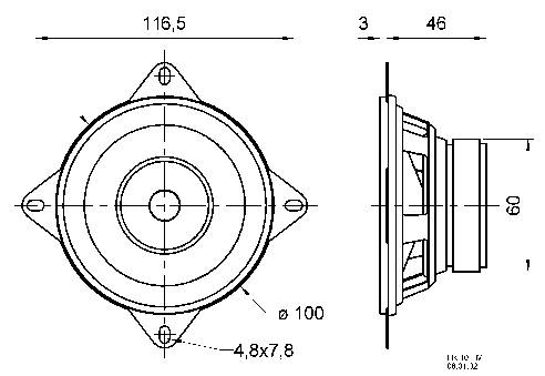 'Technický výkres reproduktora, predný a bočný pohľad. Rozmery: 116,5 mm šírka, 60 mm hĺbka, rozostupy otvorov: 4,8x7,8 mm.'