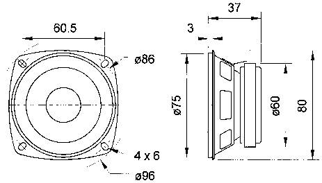 Obrázok reproduktorového komponentu s technickými rozmermi: šírka 60,5 mm, výška 80 mm, priemer 96 mm, priemer otvoru 86 mm.