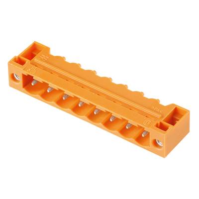 Oranžový plastový konektor s viacerými pripojeniami pre elektrickú kabeláž, vhodný pre inštaláciu do elektronických zariadení.