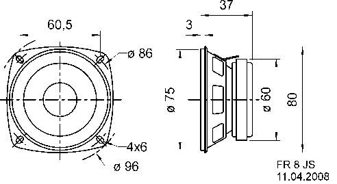 Technický nákres reproduktora s rozmermi: Pohľad spredu ukazuje šírku 96 mm, pohľad z boku hĺbku 80 mm, datovaný 11.04.2008.