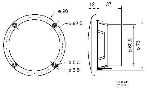 Technický výkres okrúhleho reproduktora z bočného pohľadu. Rozmery: priemer 90 mm, otvory 6,3 mm, hĺbka 73 mm.