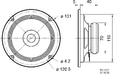 Technický výkres reproduktora v prednom a bočnom pohľade. Rozmery: priemer 131 mm, hĺbka 40 mm, montážne body vyznačené.