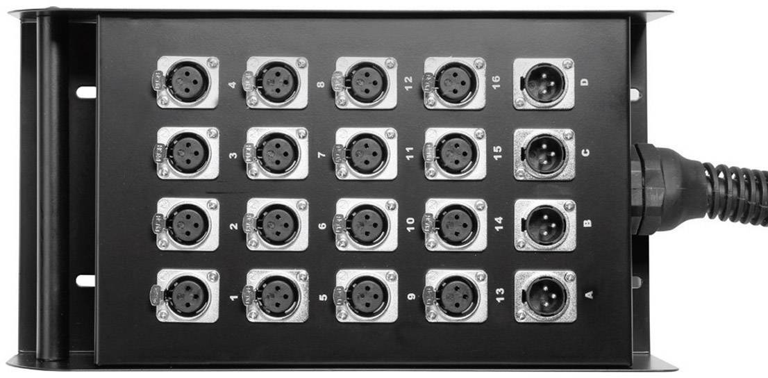 'Čierne audio patchpanel s 16 XLR konektormi, očíslovanými od 1 do 16 a s písmenami A až D na pravej strane.'
