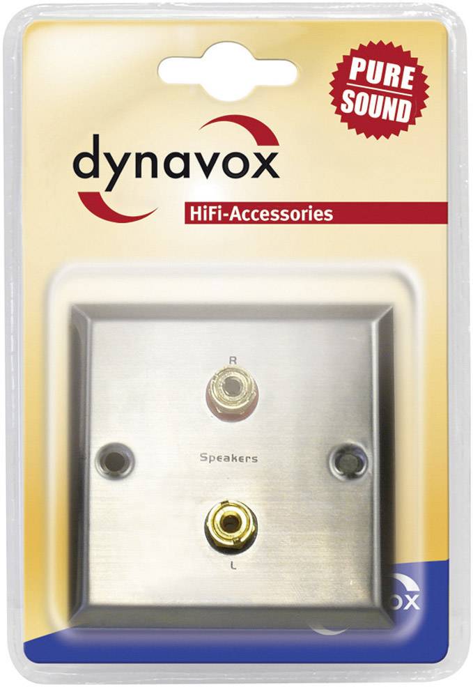 Prípojná zásuvka pre HiFi príslušenstvo s dvoma zdierkami pre pravý (R) a ľavý (L) reproduktor. Značkový názov 'dynavox' na obale.
