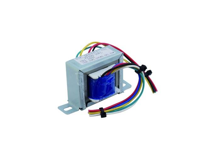 Elektrický transformátor s viacerými farebnými káblami, namontovaný v kovovom púzdre. Vhodný na konverziu napätia.