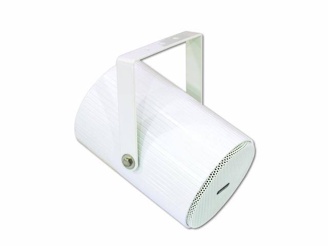 Biely, valcovitý reproduktor s rukoväťou na hornej strane.