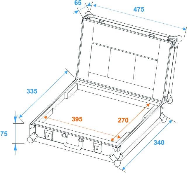 Otvorený kufrík na notebook s uvedenými rozmermi: výška 65 mm, šírka 475 mm, hĺbka 335 mm. Vnútorné rozmery: 395 mm x 270 mm.