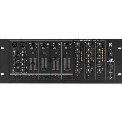 Multikanálový audio mixážny pult s viacerými kanálmi a ovládačmi vrátane regulátorov hlasitosti, ekvalizéra a konektorov pre mikrofóny a slúchadlá.
