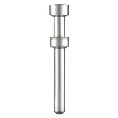 Strieborný kovový kolík s rozšírenou hlavou a krúžkom v strede, pravdepodobne mechanická súčiastka.
