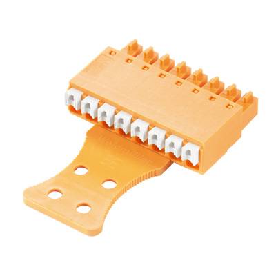 Oranžovo-biely elektrický modul konektora s viacerými prípojkami, namontovaný na držiaku.