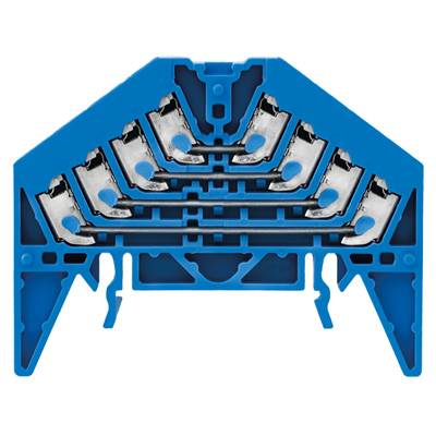 Modrý elektrický rozvádzač s viacerými prípojnými miestami usporiadanými v pyramidálnom dizajne.