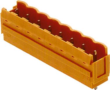 Oranžový konektor s viacerými pripojovacími pinmi, vhodný pre elektronické zariadenia.