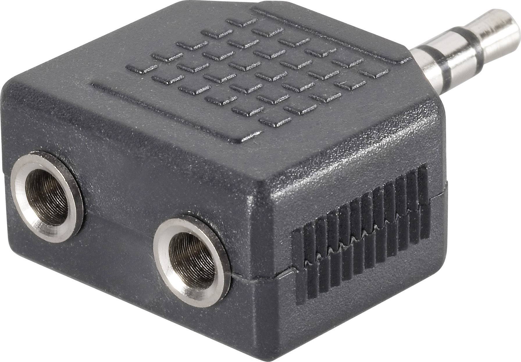 Čierny audio adaptér s 3,5 mm zástrčkou a dvoma zásuvkami pre pripojenie slúchadiel alebo reproduktorov.