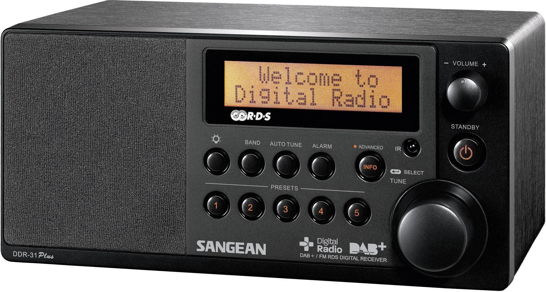 Čierne digitálne rádio s regulátorom hlasitosti, displej zobrazuje 'Vitajte v digitálnom rádiu', rôzne tlačidlá na ovládanie.