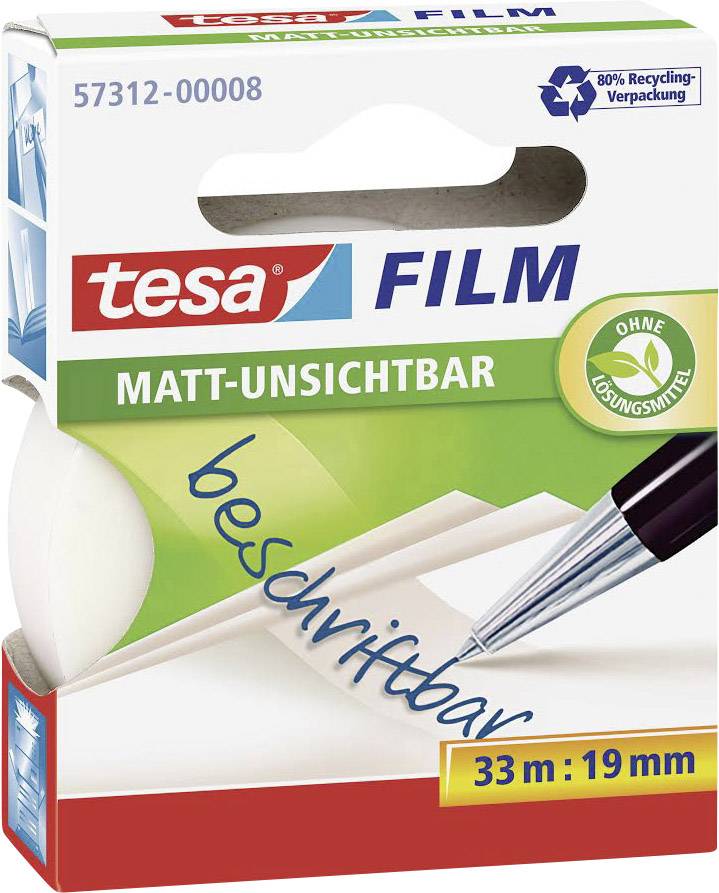 Baliaca páska Tesa Film, 33 m x 19 mm, matná a neviditeľná s nápisom 'popisovateľná', bez obsahu rozpúšťadiel, recyklovateľný obal.