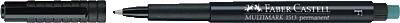 Tmavý plstený fix so sňatou čiapočkou. Na tele fixu je viditeľné označenie Faber-Castell a prerušovaná čiara.