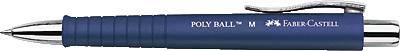 Modrý guľôčkový pohár s nápisom 'POLY BALL M' a logom Faber-Castell, uzáver s klipom.