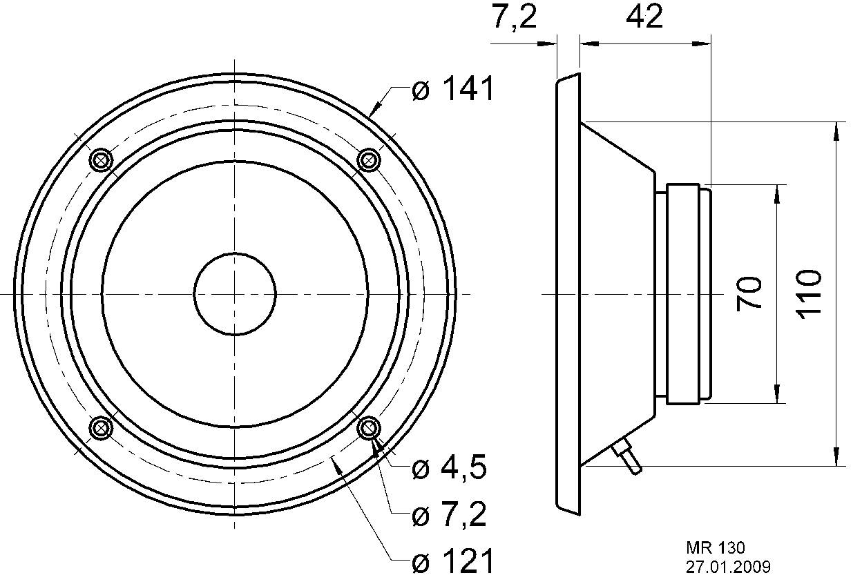 Technický výkres reproduktora s rozmermi: priemer 141 mm, hĺbka 42 mm. Pohľad spredu a z boku.