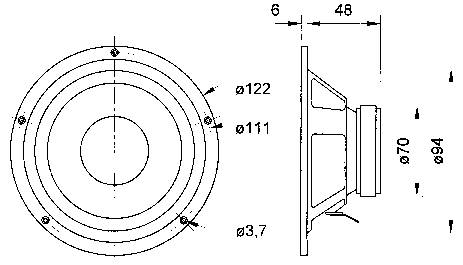 Technický nákres reproduktora: Pohľad spredu a z boku s rozmermi. Priemer 122 mm, hĺbka 48 mm.
