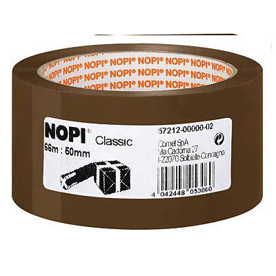 Hnedá baliaca páska značky 'NOPI', šírka 50 mm, dĺžka 66 m. Etiketa zobrazuje detaily produktu a adresu výrobcu.