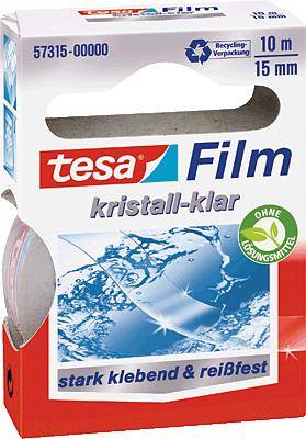 Obal lepiacej pásky 'tesa Film krištáľovo čistá', 10m dĺžka, 15mm šírka, 'silne lepiaca & odolná proti trhaniu', bez rozpúšťadiel.