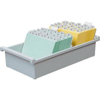 Sivý kartotékový box s abecedne usporiadanými kartičkami v dvoch radoch, v tyrkysovej a žltej farbe, určený na organizáciu kancelárskej práce.