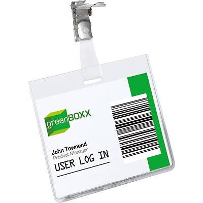 Menovka s klipom. Logo 'greenBOXX', Meno 'John Townend', Pozícia 'Product Manager'. Čiarový kód, Text 'PRIHLÁSENIE POUŽÍVATEĽA'.