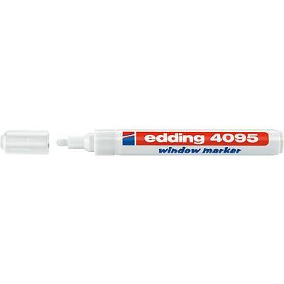 Biely popisovač Edding 4095 na kriedy s odnímateľným uzáverom, ktorý sa používa na sklo alebo hladké povrchy.
