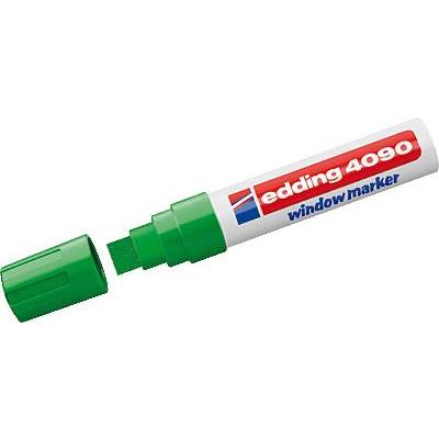Zelený popisovač Edding 4090 s nasadenou čiapočkou, vhodný na písanie na sklenené povrchy.