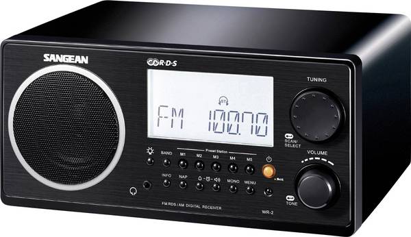 Sangean WR-2 WR-2 stolný rádio, FM, AM, AUX, bezdrôtový príjem, UKW, MW, Skriňa z pravého dreva, funkcia alarmu, vr. diaľkového ovládania, čierna