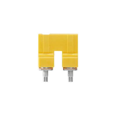 Žltý elektrický poistný prvok s dvoma striebornými kontaktnými kolíkmi. Vhodný na zabezpečenie elektrických obvodov.