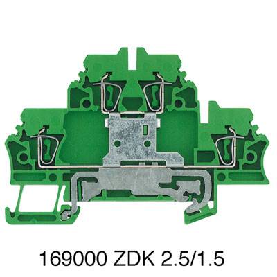 Zelená elektrická svorka v detailnom zábere s nápisom '169000 ZDK 2.5/1.5' pod ňou.