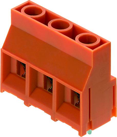 Oranžová elektrická svorka s tromi pripojovacími otvormi. Slúži na spájanie elektrických vodičov.