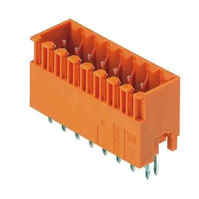 Oranžový elektrický konektor s viacerými kolíkmi dole, používaný pre elektronické zariadenia a obvody.