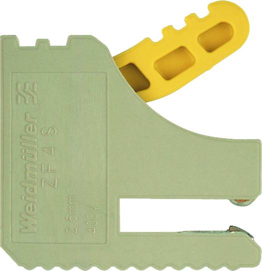 Žltý poistkový klip v béžovo-sivom puzdre s nápisom 'Weidmüller ZF 4 S 2,5mm² 400V'.