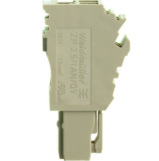 'Weidmüller ZP 2.5/1AN/QV' sivý elektrický modul s technickou špecifikáciou. Vhodný pre 500V a 2,5mm².