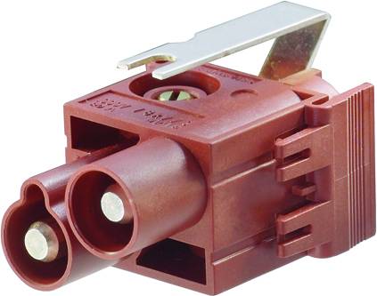 Červený zásuvný konektor s dvoma guľatými kolíkmi a pákovým mechanizmom, používaný v elektrických aplikáciách na bezpečné pripojenie.