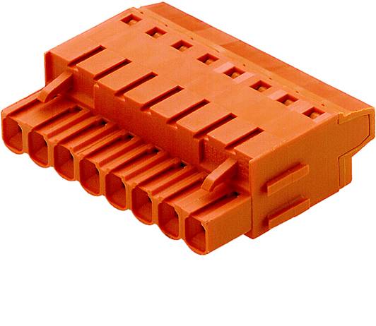 Oranžový konektor s desiatimi kontaktmi, používaný pre elektronické prepojenia v zariadeniach a elektrických obvodoch.