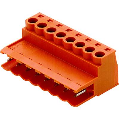 Oranžový, 8-pólový konektor s pružinovými svorkami pre pripojenie vodičov v elektronických zariadeniach.