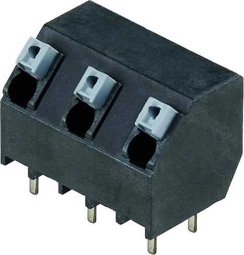 Elektrický konektor, obdĺžnikového tvaru, s tromi sivými pripojovacími svorkami a šiestimi kovovými pinmi, vhodný pre montáž na dosku plošných spojov.