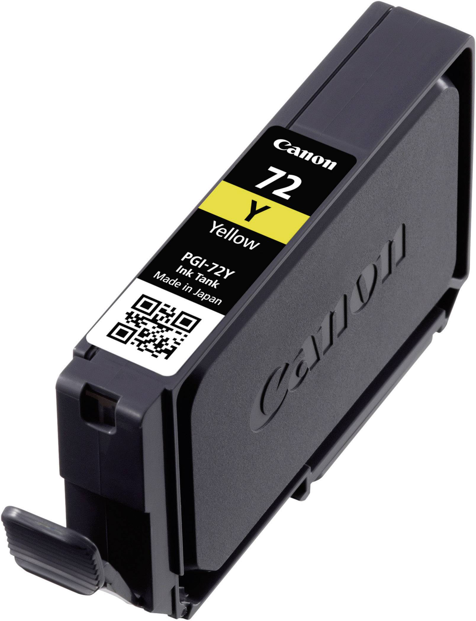 Žltá atramentová kazeta Canon PGI-72Y pre tlačiareň, zobrazená z profilu.