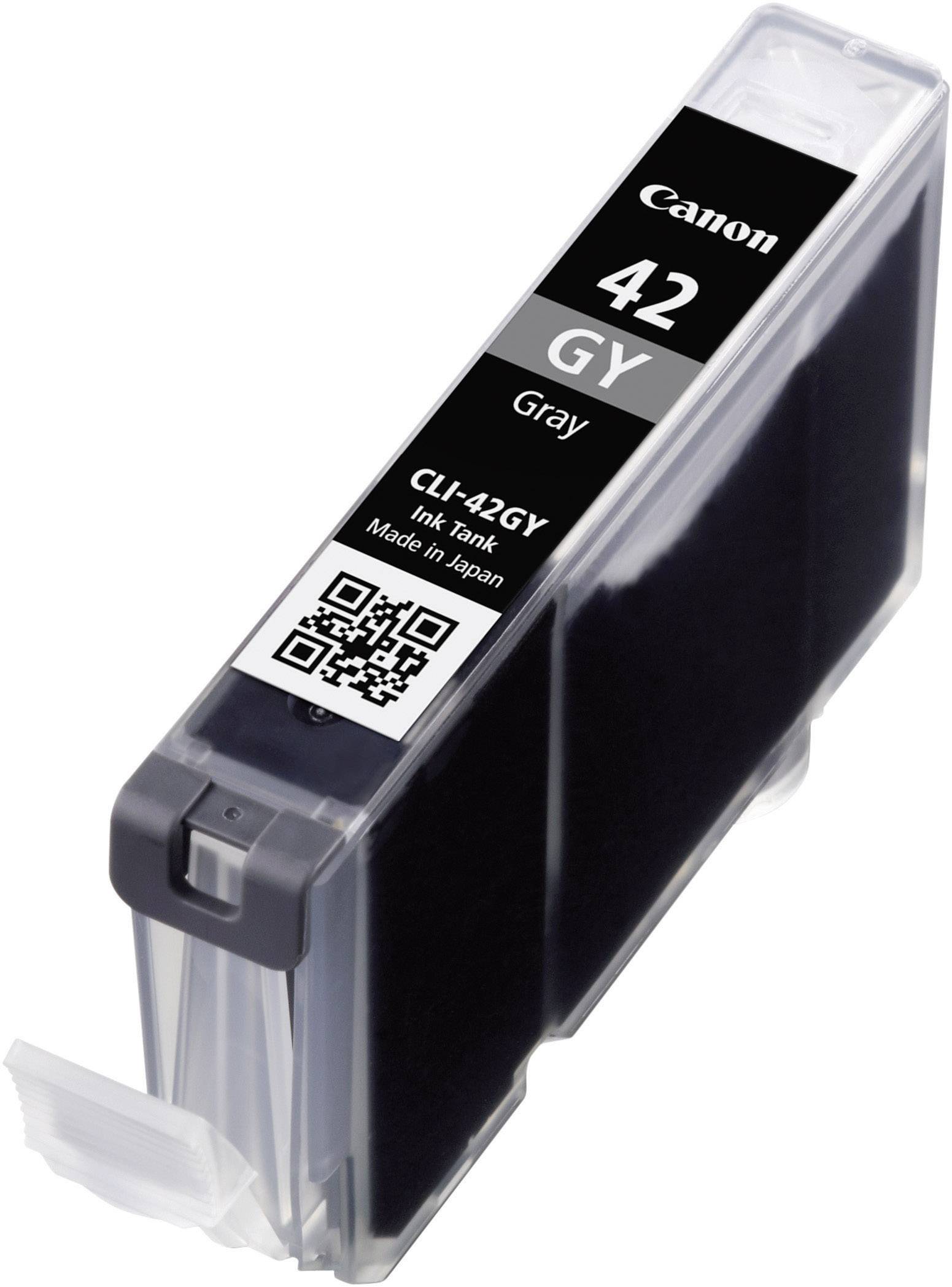 Atramentová cartridge 'Canon 42 GY', sivá, s QR kódom. Číslo modelu CLI-42GY. Obsahuje sivý atrament, vyrobené v Japonsku.