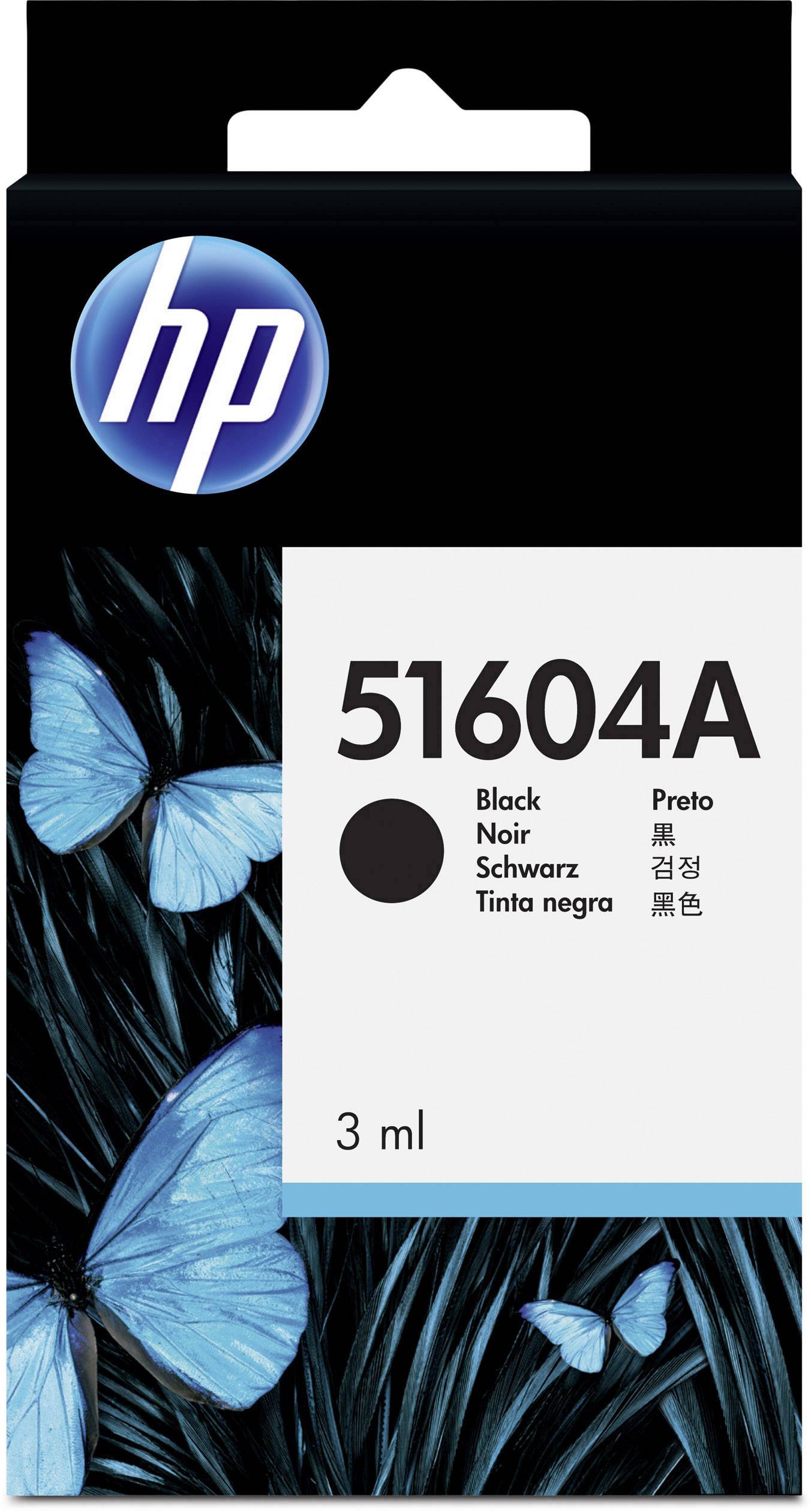 Čierna atramentová kazeta HP 51604A, 3 ml, s modrými motýľmi na obale.