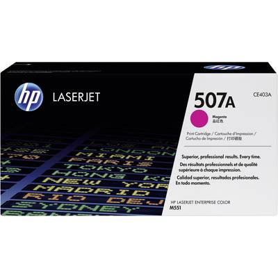 Obal patrony HP LaserJet 507A Magenta, zdôrazňujúci profesionálne tlačové výsledky a kvalitu, produktový štítok v niekoľkých jazykoch.