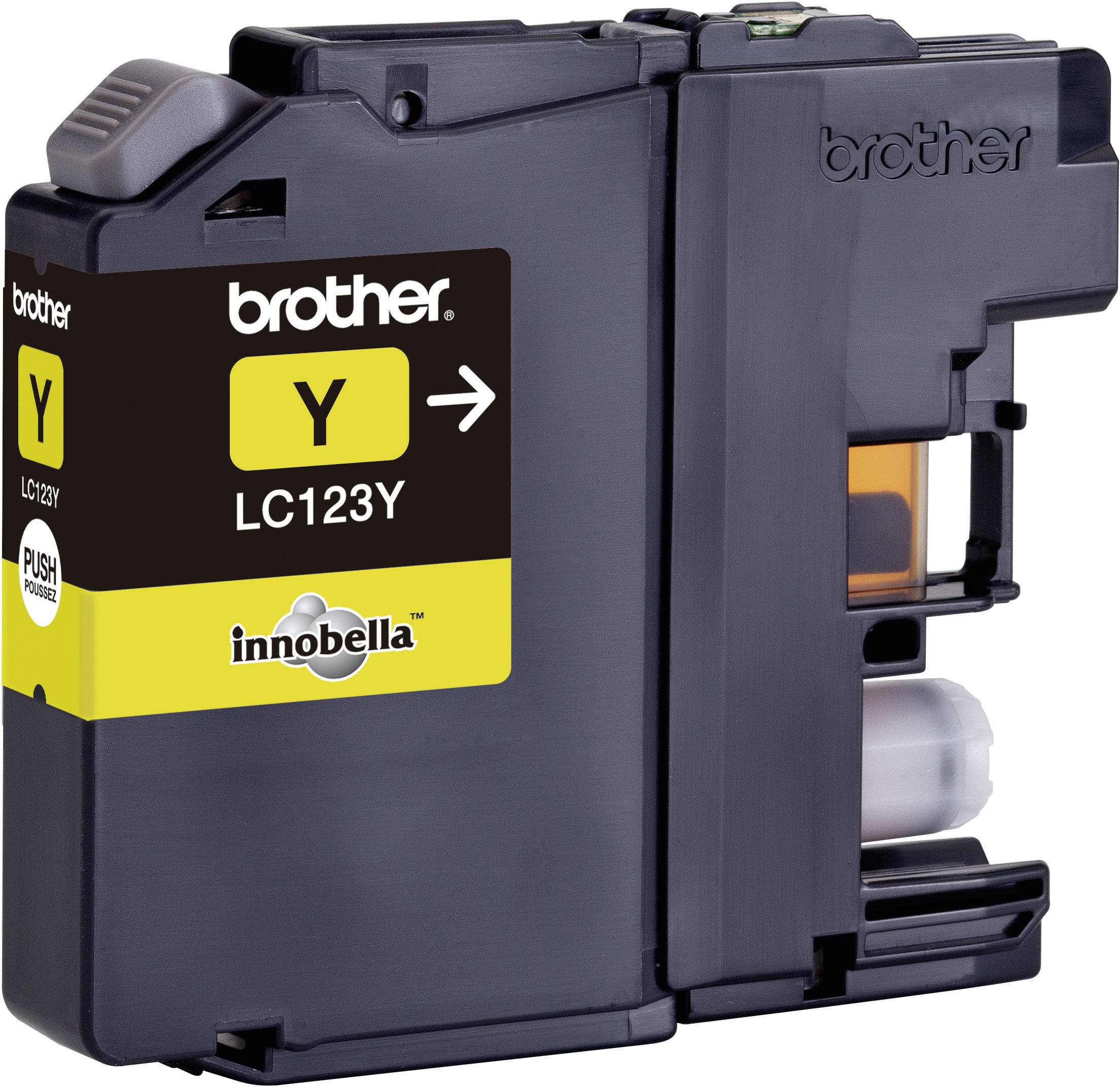 Žltá atramentová cartridge Brother, model LC123Y, určená pre tlačiarne, s logom Innobella na prednej strane.