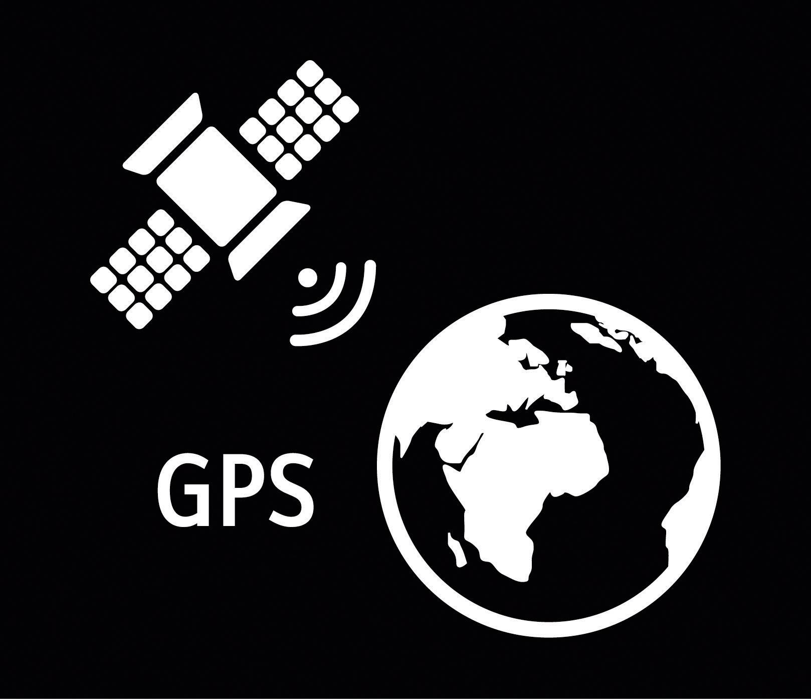 Satelitný symbol vysiela vlny na Zem; vedľa je napísané 'GPS'. Symbolizuje globálne určovanie polohy a navigáciu.