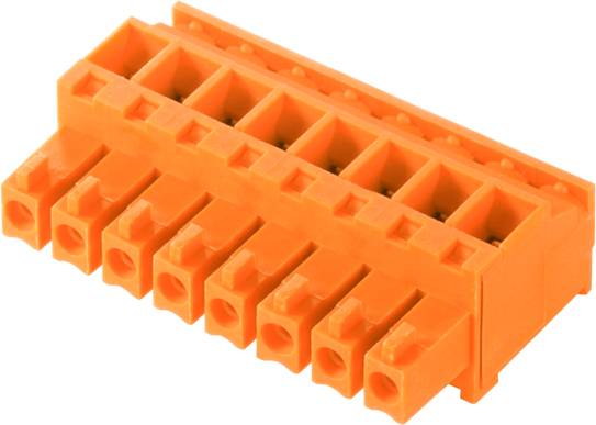 Oranžový konektor s desiatimi vývodmi v dvoch radoch, vhodný pre elektrické prepojenia.